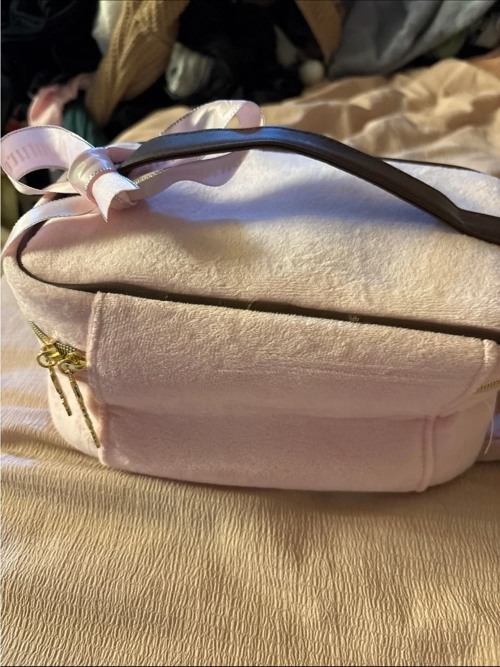 Juicy Couture Light Pink Velvet Cosmetic Bag with Embroidered Crest and Ribbon